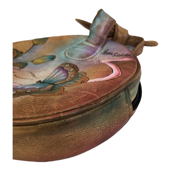 Vintage Anuschka painted leather small round handbag butterflies and flowers - Picture 7 of 11